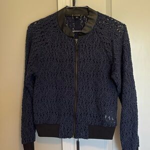 Stella and Dot Navy and Black lace and leather bomber jacket size M